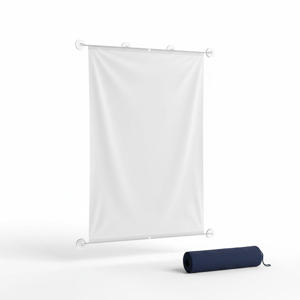 Transparente Fenster-Projektionsleinwand mit Saugnäpfen auf weißem Hintergrund