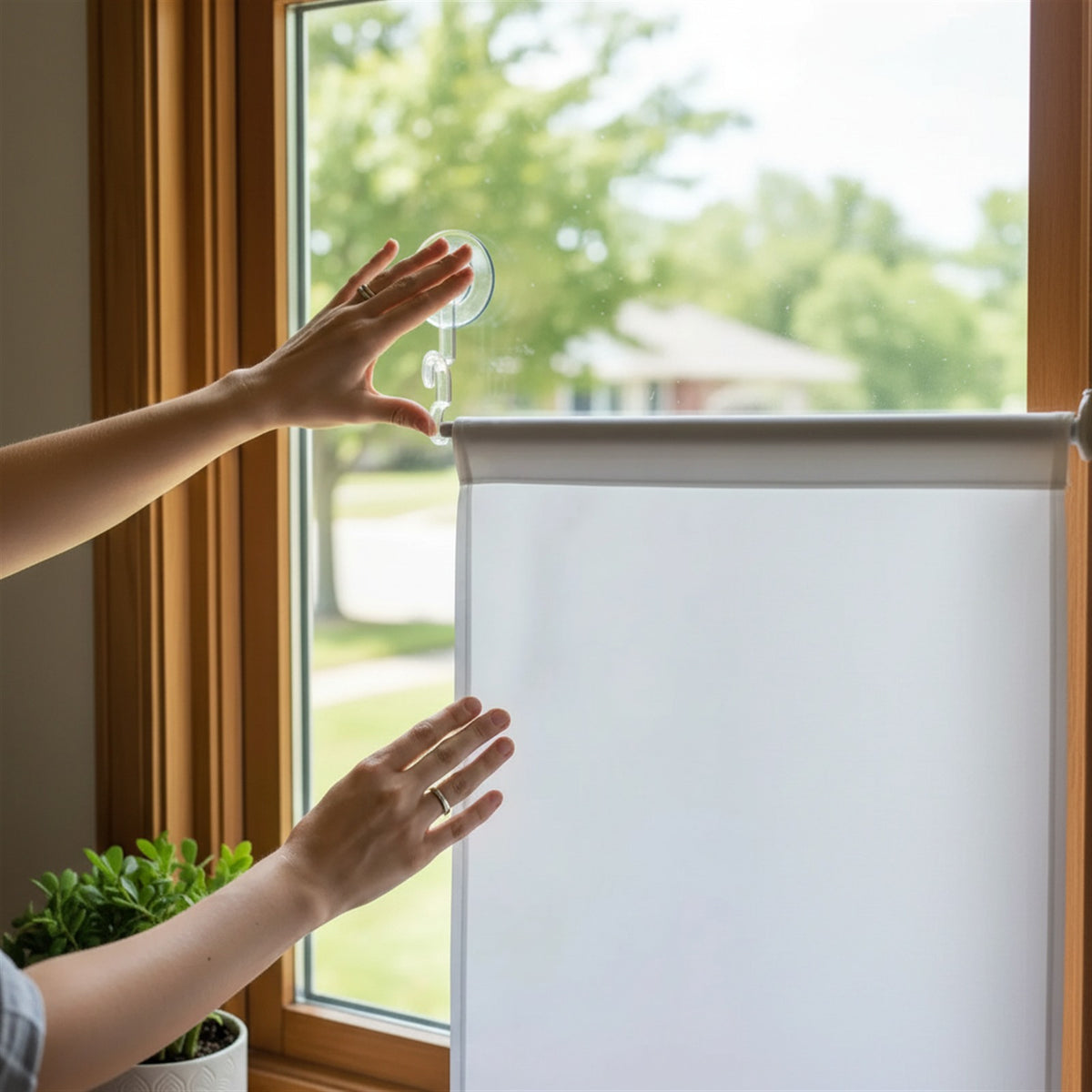 Transparente Leinwand mit Saugnäpfen am Fenster befestigen