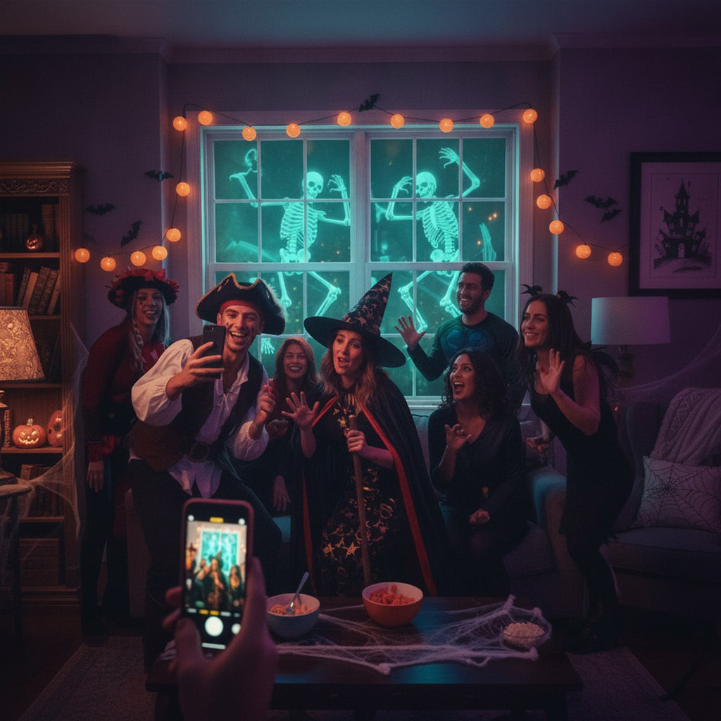 Skelett-Hologramme im Fenster bei einer Halloween-Party