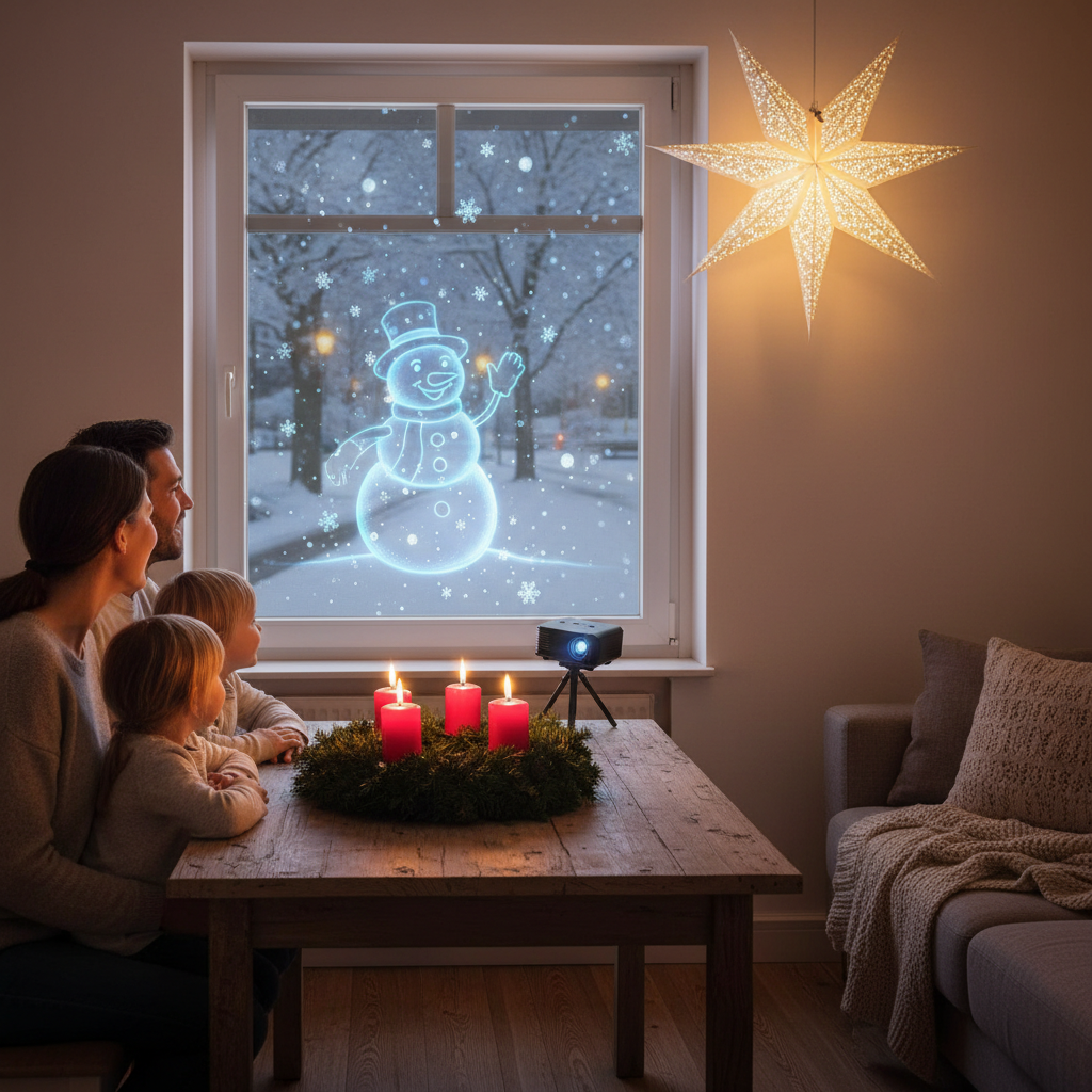 Familie am Tisch mit Adventskranz bestaunt das Schneemann-Hologramm im Wohnzimmerfenster