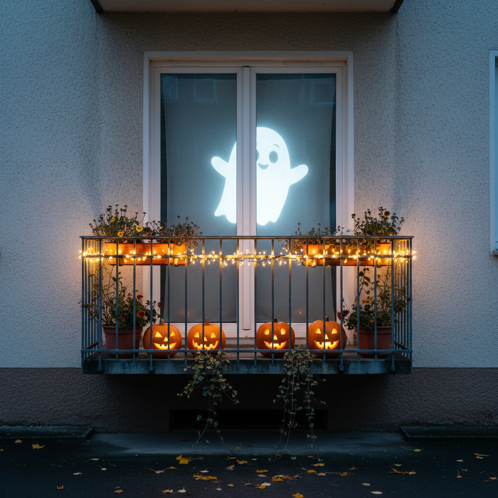 Freundliches Geister-Hologramm an Halloween im Balkonfenster mit Lichterkette und Kürbissen