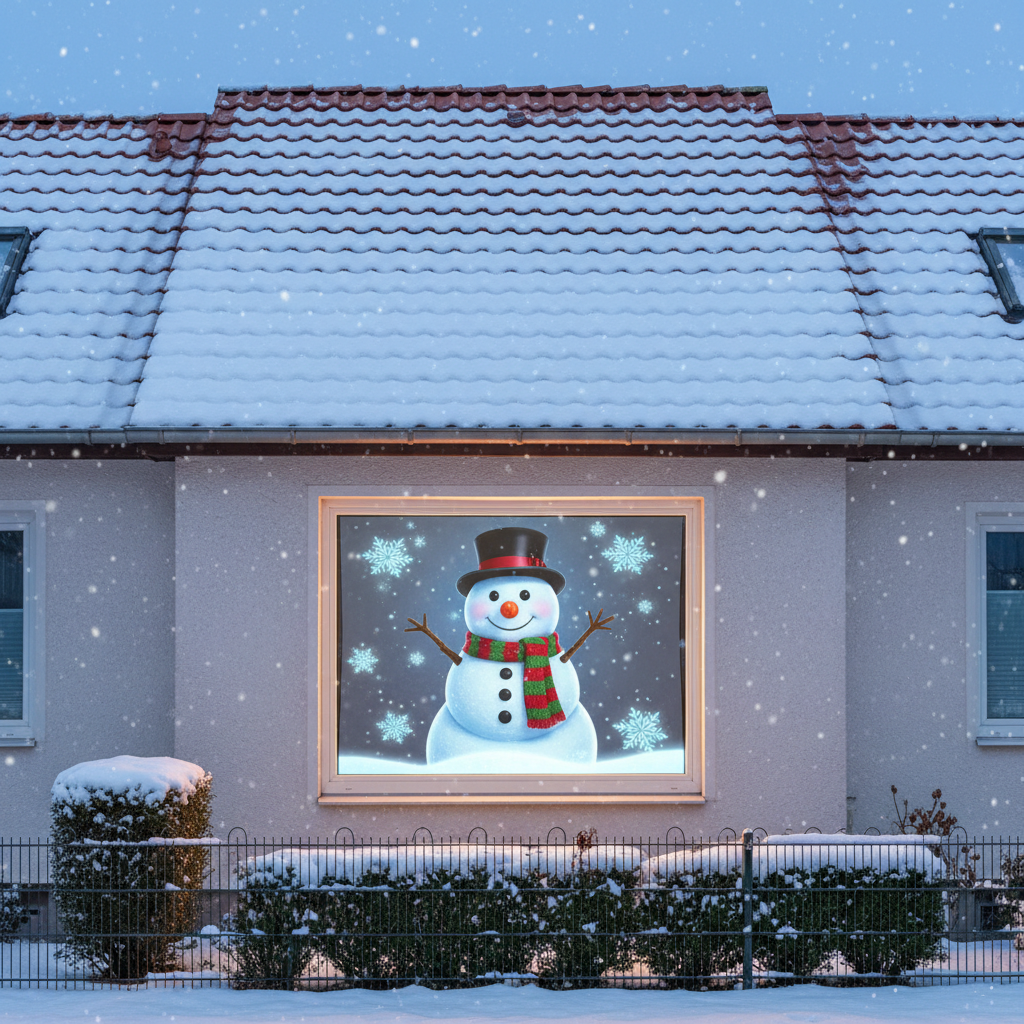 Schneemann-Hologramm mit fallenden Schneeflocken im Fenster eines verschneiten Reihenhauses