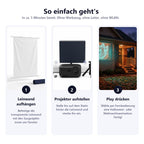 Strahlo in 3 Schritten aufbauen: Leinwand aufhängen, Projektor aufstellen, Play drücken