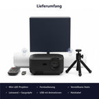 Lieferumfang: Projektor, Fernbedienung, Stativ, Fensterleinwand, USB-Stick, Netzkabel
