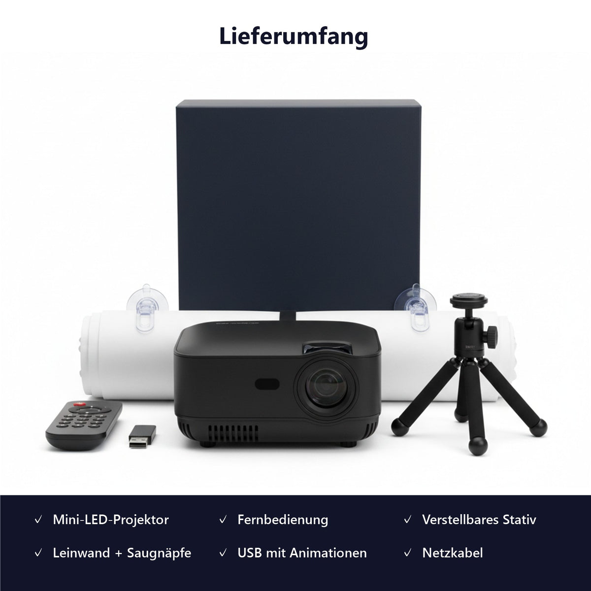 Lieferumfang: Projektor, Fernbedienung, Stativ, Fensterleinwand, USB-Stick, Netzkabel